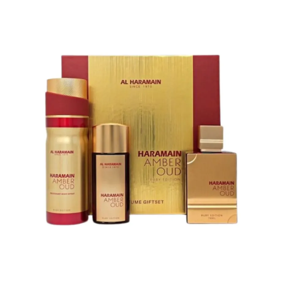 Al Haramain Amber Oud Ruby Edition zestaw woda perfumowana spray 75ml + woda perfumowana spray 30ml + dezodorant spray 200ml