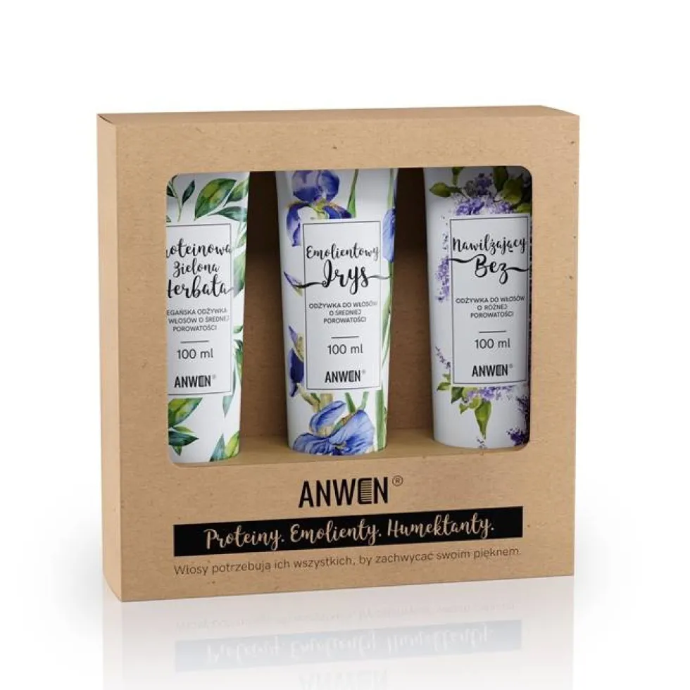 Anwen Odżywki do włosów o średniej porowatości Proteinowa Zielona Herbata 100ml + Emolientowy Irys 100ml + Nawilżający Bez 100ml