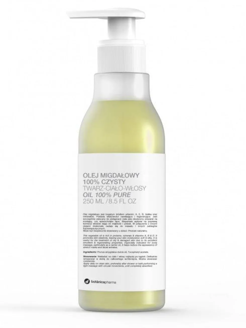 Botanicapharma Olej migdałowy 100% czysty do twarzy ciała i włosów pompka 250ml