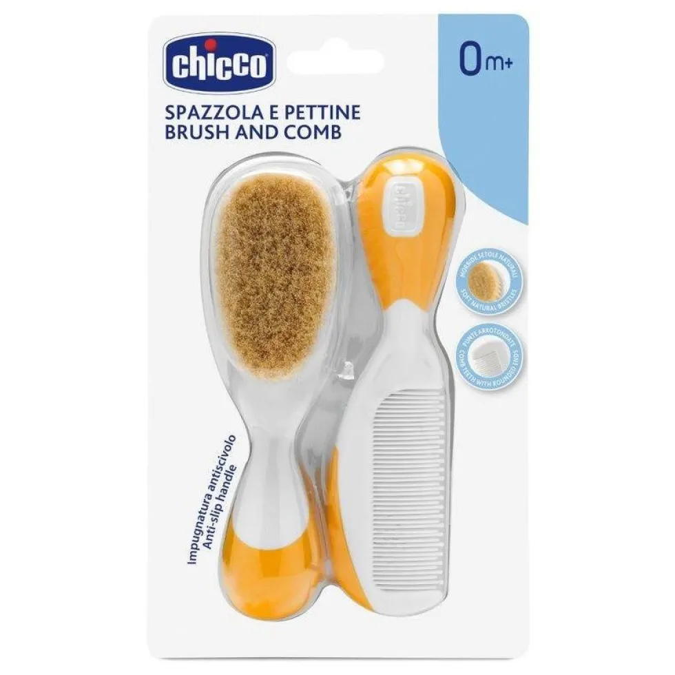 Chicco Brush and Comb zestaw szczotka z naturalnego włosia + grzebyk 0m+ Pomarańczowy