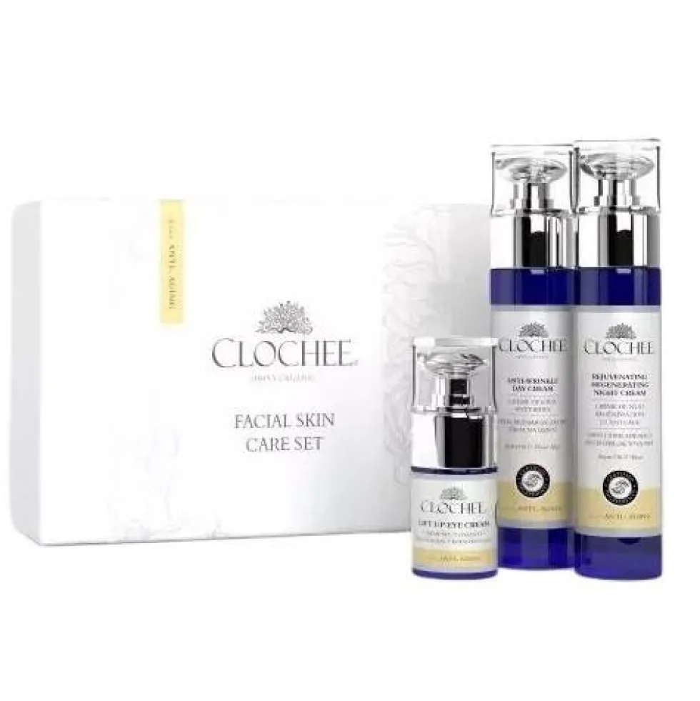 Clochee Anti-Age Facial Skin Care zestaw przeciwzmarszczkowy krem na dzień 50ml + odmładzająco-regenerujący krem na noc 50ml + wygładzający krem pod oczy 15ml