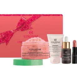 Collistar Unbox Your Uniqueness zestaw pomadka do ust 102 1.2ml + krople samoopalające do twarzy 10ml + przeciwzmarszczkowy krem wygładzający 15ml + ujędrniający peeling do ciała 70g