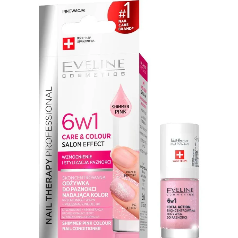 Eveline Cosmetics Nail Therapy Professional 6w1 Care & Colour skoncentrowana odżywka do paznokci nadająca kolor Shimmer Pink 5ml