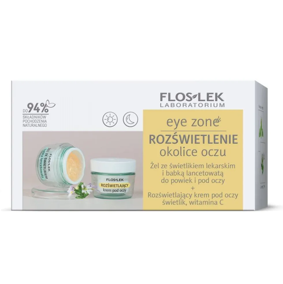 Floslek Eye Zone zestaw żel ze świetlikiem lekarskim i babką lancetowatą do powiek i pod oczy 10g + rozświetlający krem pod oczy ze świetlikiem i witaminą C 15ml