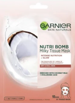 Garnier Nutri Bomb mleczna maska na tkaninie z mleczkiem kokosowym i kwasem hialuronowym 28g