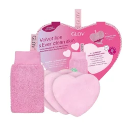 Glov Velvet Lips & Ever Clear Skin zestaw rękawica do peelingu ust + wielorazowe płatki kosmetyczne w kształcie serca