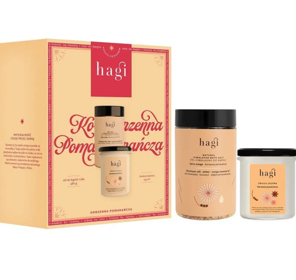 Hagi Korzenna Pomarańcza zestaw świeca sojowa 215ml + sól do kąpieli ciała 480g