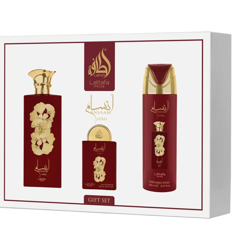 Lattafa Ansaam Gold zestaw woda perfumowana spray 100ml + woda perfumowana spray 20ml + dezodorant spray 200ml