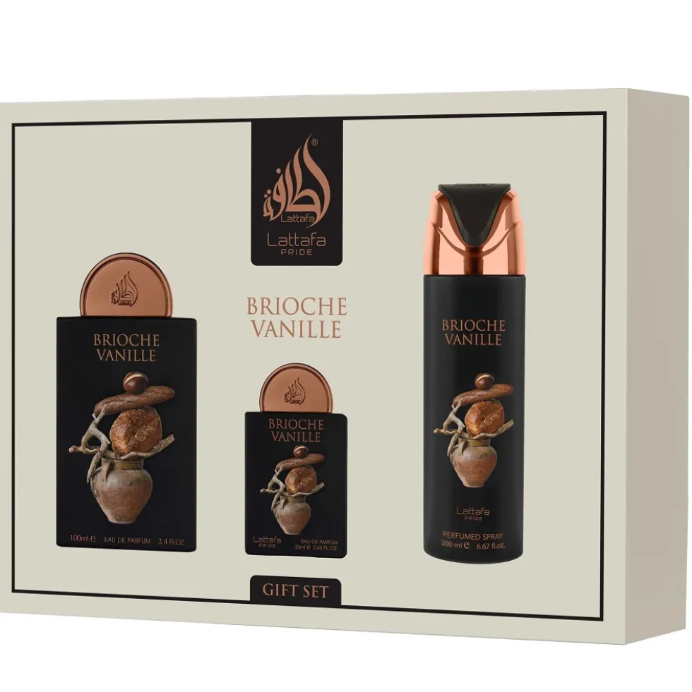 Lattafa Brioche Vanille zestaw woda perfumowana spray 100ml + woda perfumowana spray 20ml + dezodorant spray 200ml