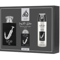 Lattafa Ishq Al Shuyukh Silver zestaw woda perfumowana spray 100ml + woda perfumowana spray 20ml + dezodorant spray 200ml