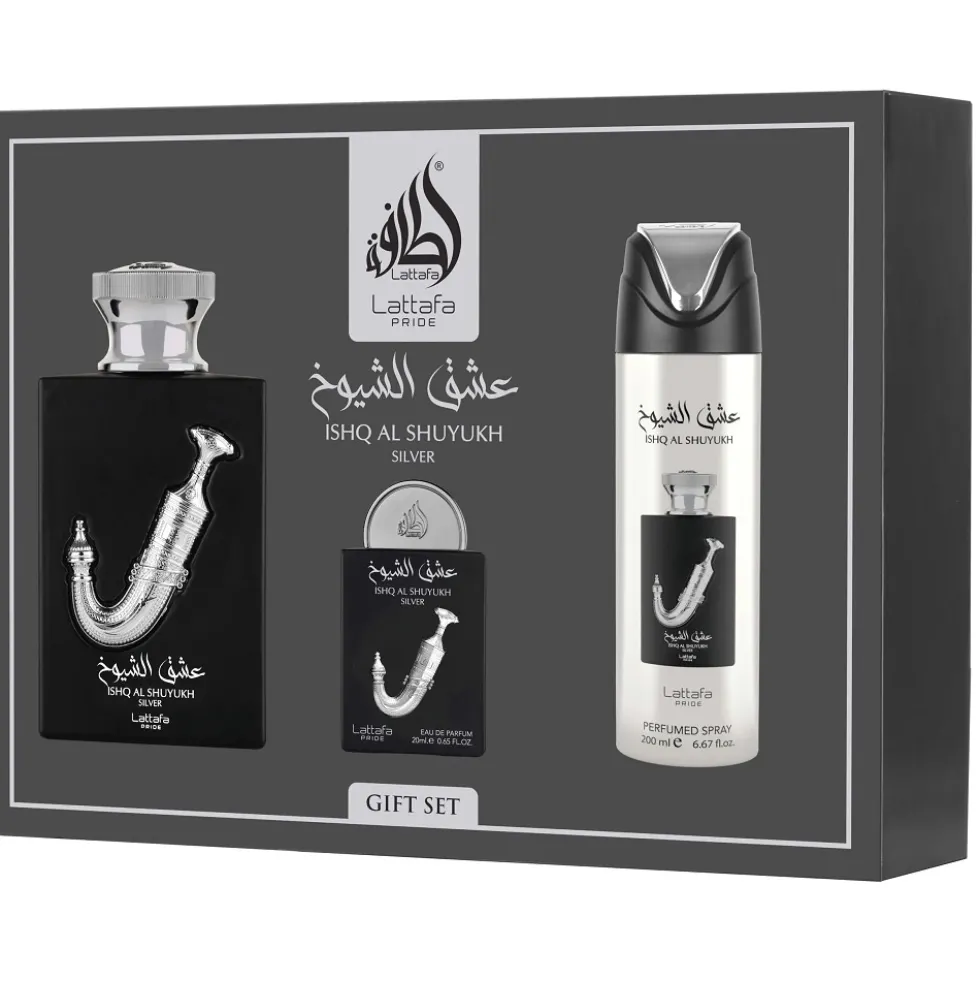 Lattafa Ishq Al Shuyukh Silver zestaw woda perfumowana spray 100ml + woda perfumowana spray 20ml + dezodorant spray 200ml