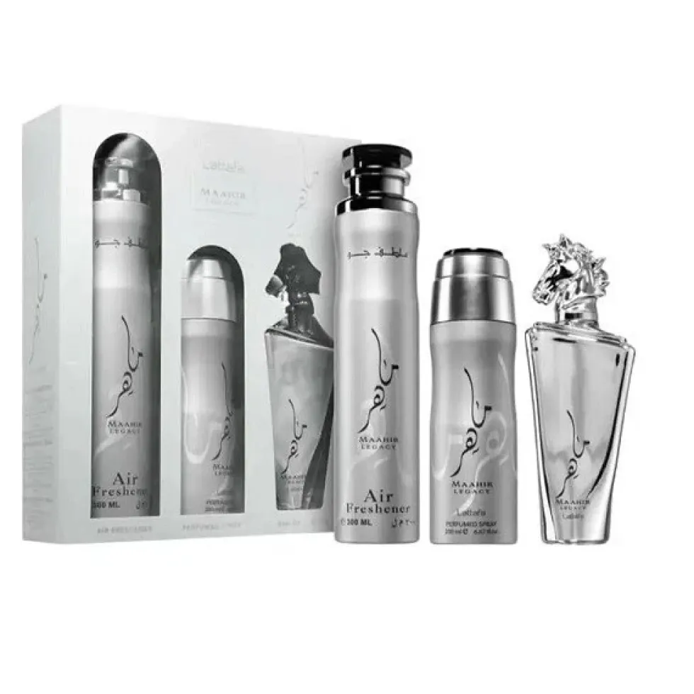 Lattafa Maahir Legacy edp 100ml + dezodorant 200ml + odświeżacz powietrza 300ml