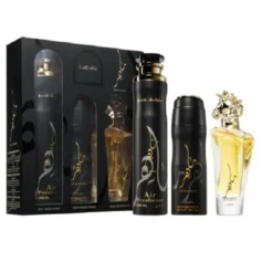 Lattafa Maahir zestaw woda perfumowana spray 100ml + dezodorant spray 200ml + odświeżacz powietrza 300ml