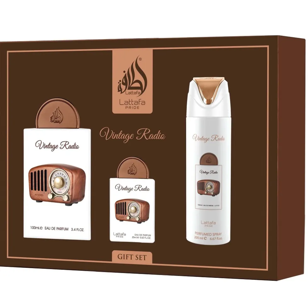Lattafa Vintage Radio zestaw woda perfumowana spray 100ml + woda perfumowana spray 20ml + dezodorant spray 200ml
