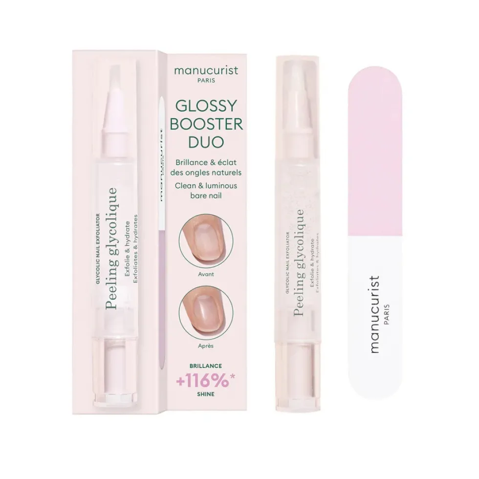 Manucurist Glossy Booster Duo zestaw peeling z kwasem glikolowym + dwufazowa polerka