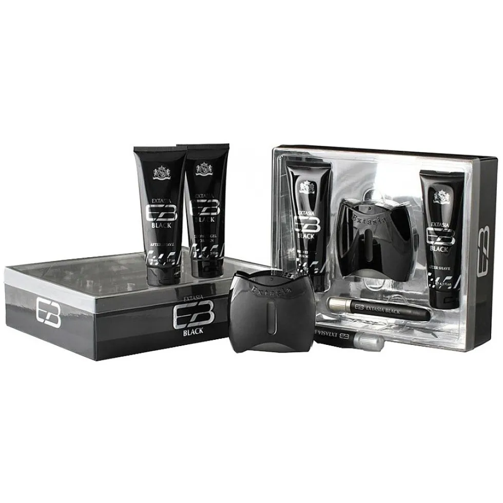 New Brand Extasia Black zestaw woda toaletowa spray 100ml + balsam po goleniu 130ml + żel pod prysznic 130ml + woda toaletowa spray 15ml