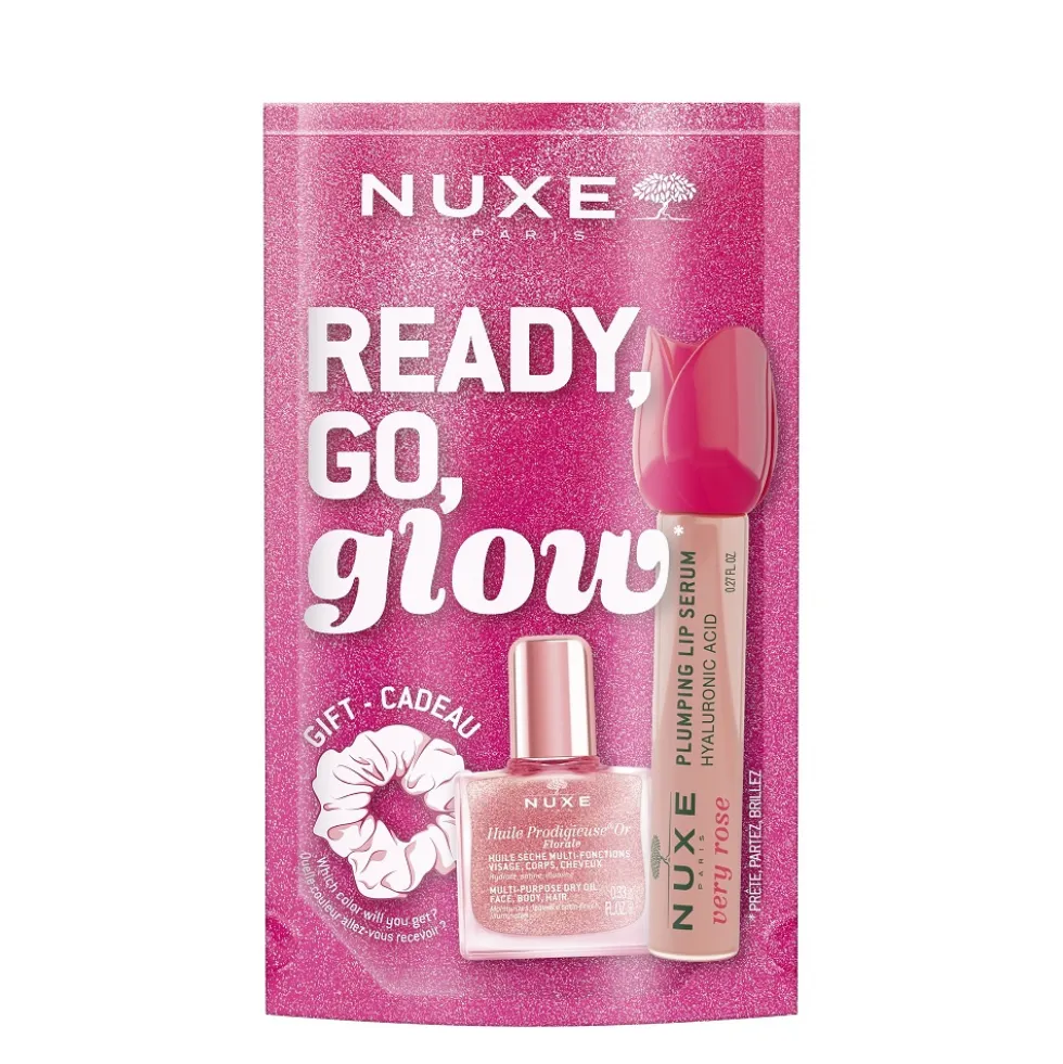 Nuxe Ready Go Glow zestaw suchy olejek regenerujący 10ml + nawilżające serum powiększające usta 8ml + gumka do włosów