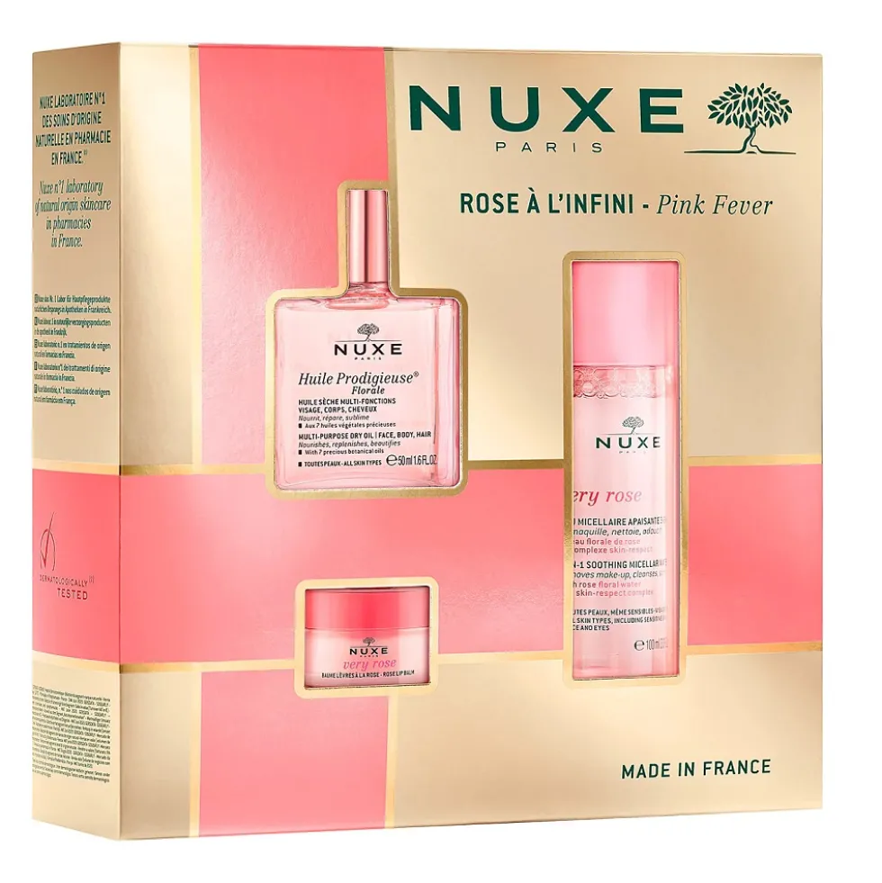 Nuxe Rose A L'infini Pink Fever zestaw łagodząca woda micelarna 3w1 100ml + różany balsam do ust 15g + suchy olejek regenerujący 50ml
