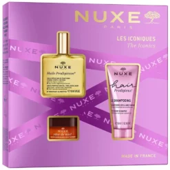 Nuxe The Iconics zestaw suchy olejek regenerujący 50ml + balsam do ust 15g + szampon wygładzający 50ml