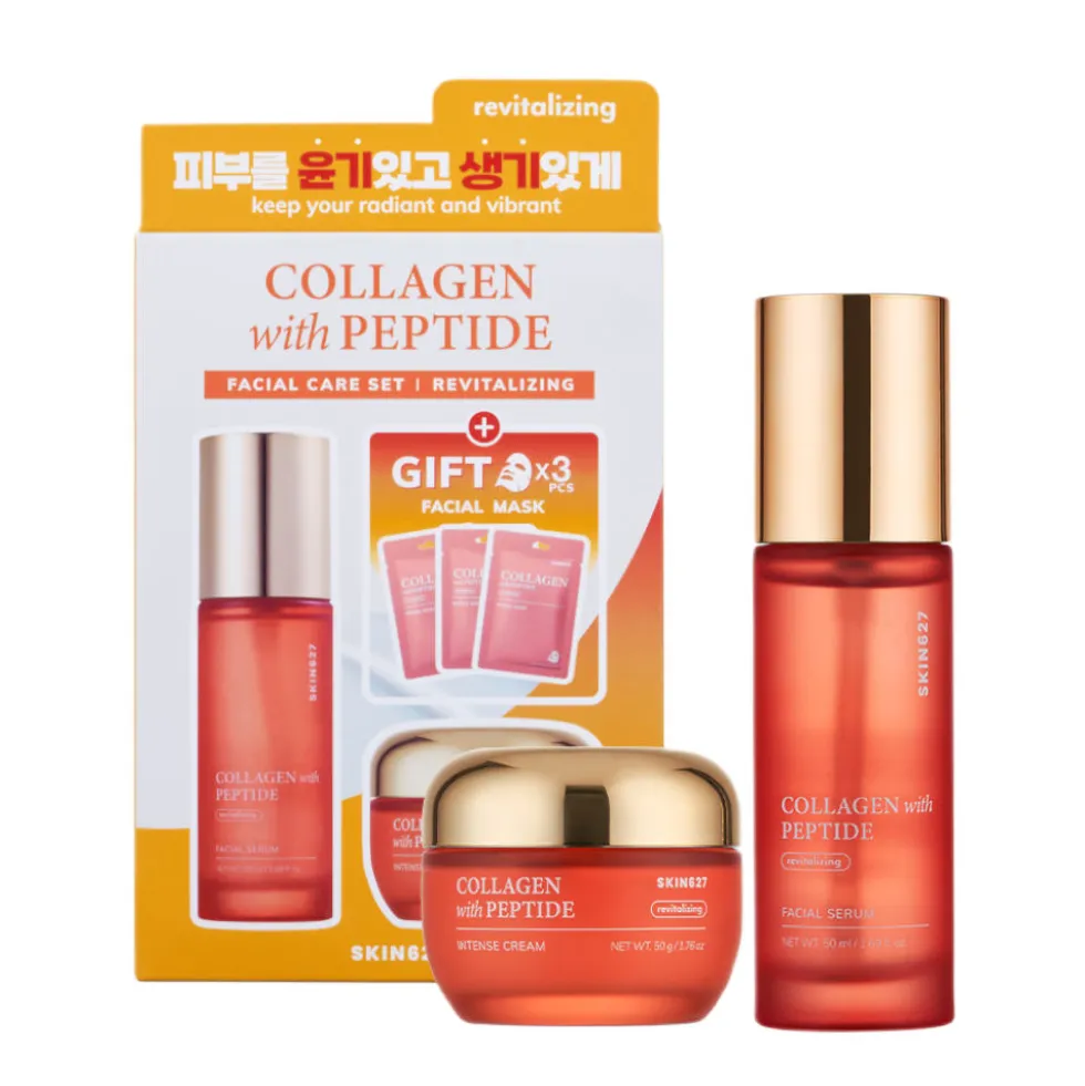 SKIN627 Collagen with Peptide zestaw serum do twarzy 50ml + krem do twarzy 50g + maski w płachcie 3x22ml
