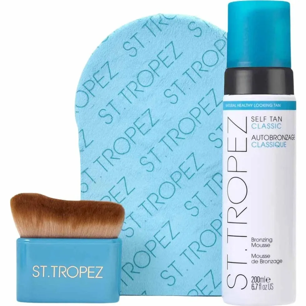 ST. TROPEZ Ultimate Tan Body Essentials Kit zestaw Bronzing Mousse pianka samoopalająca 200ml + aplikator do samoopalacza + szczoteczka
